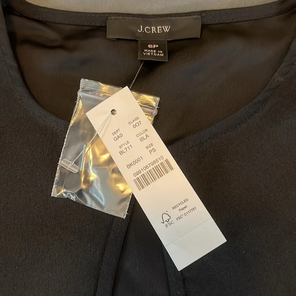 JCrew Puff Sleeve Satin Back Crepe Blouse Black Size Small Petite NWT